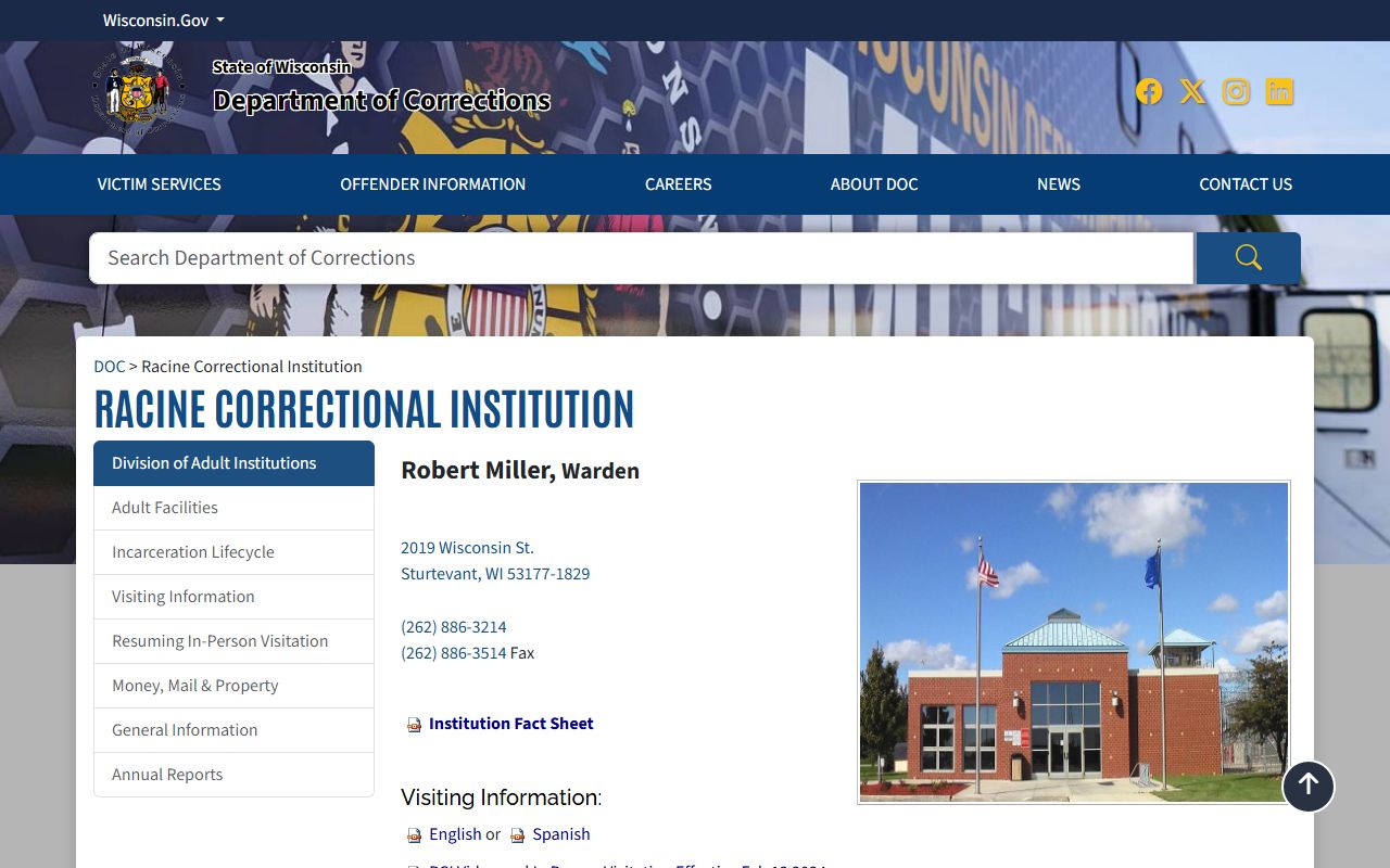 Racine Correctional Institution DOC facility page and inmate records context