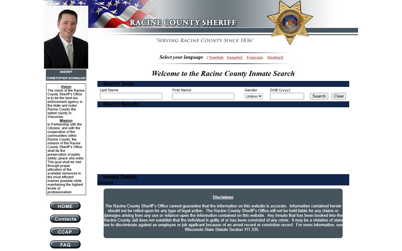 Racine County inmate population jail roster search form