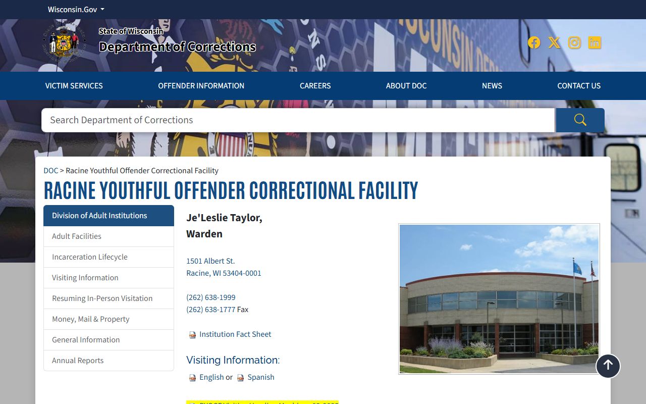 Racine Youthful Offender Correctional Facility DOC page and custody details
